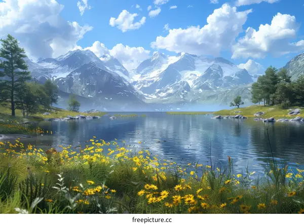 Floral tapestry of nature's beauty: Majestic mountains overlook a serene lake amidst a vibrant flower field