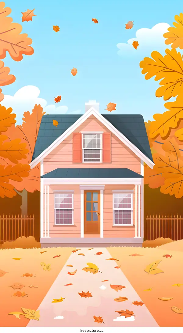 Autumn House with Falling Leaves Illustration