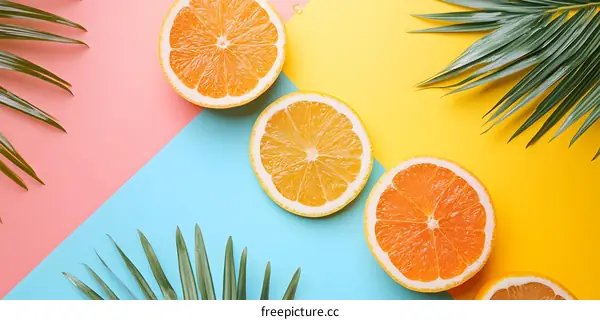 Summer Fruit Background With Palm Leaves