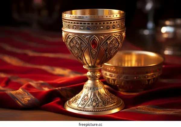 Ornate Gold Chalice and Bowl and Red Velvet
