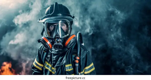 Firefighter in protective gear and breathing mask standing in front of fire