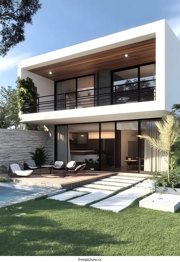 Modern White Two Story House with Backyard Pool and Patio