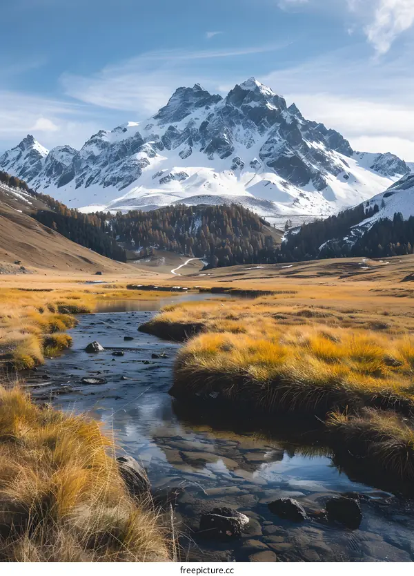 Mountains and river in a valley with yellow grass in the foreground