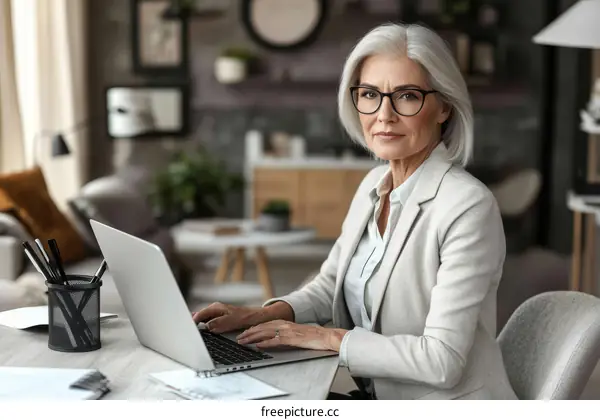 Focused Business Woman Working on Laptop in Modern Home Office