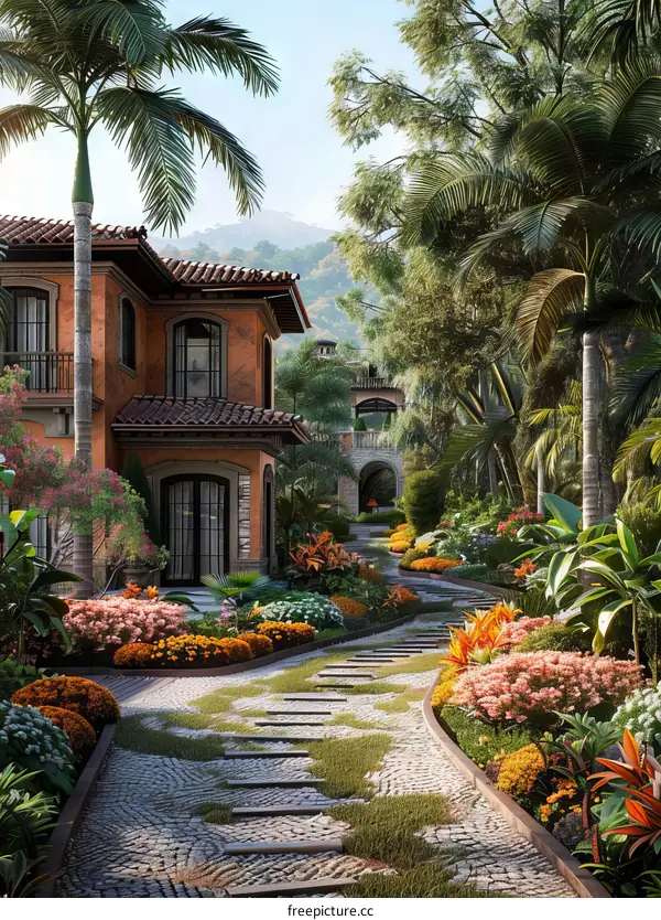 Courtyard of a Spanish style house with tropical plants and flowers