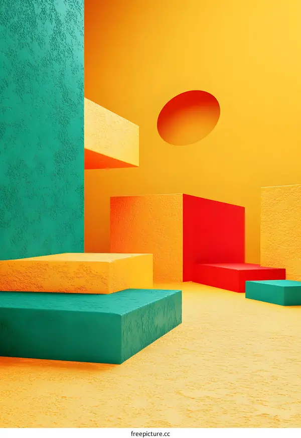 Abstract 3D Geometric Shapes with Yellow Green and Red Colors