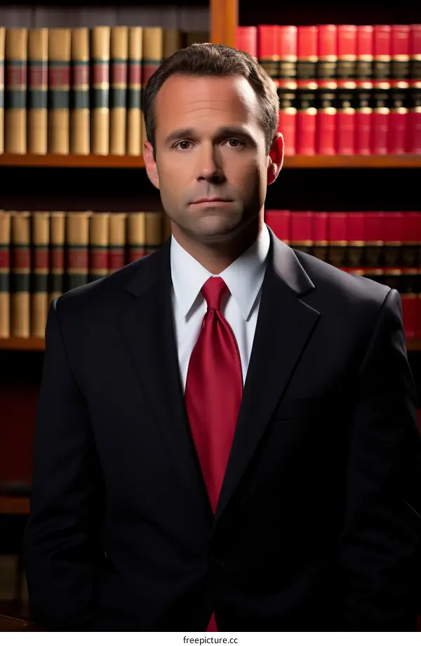 Headshot of a male lawyer in a suit and tie standing in a library