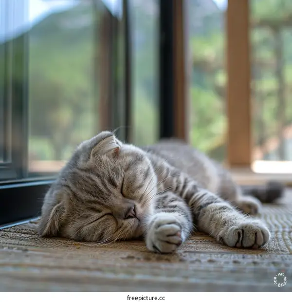 A gray cat is sleeping on the floor near the glass door