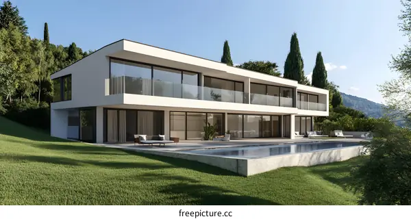 Modern White Villa with Swimming Pool and Green Landscape