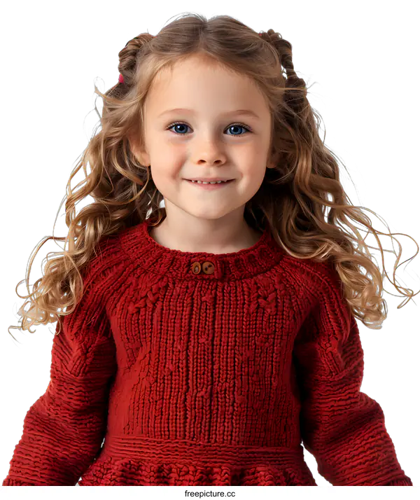 [Transparent Background PNG]Portrait of a Little Girl with Curly Blonde Hair Wearing a Red Knit Sweater