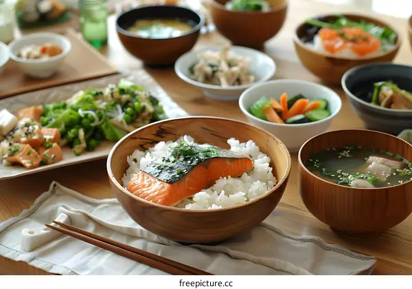 Japanese meal with grilled salmon and rice