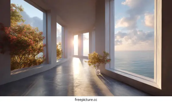 Modern Coastal Balcony with Lush Trees and Ocean Views