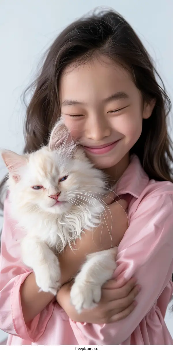 A young girl hugging a white cat