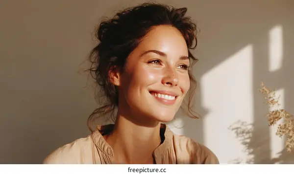 A Young Woman with Curly Hair Smiling in Natural Light