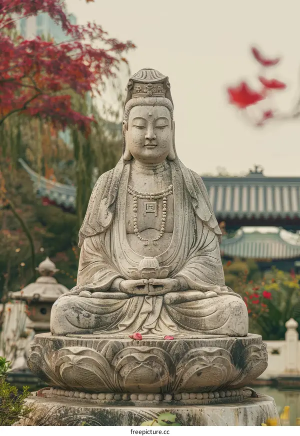 A stone statue of a bodhisattva sitting in a lotus flower