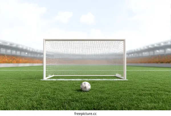 Soccer ball placed in front of empty football goal on green field