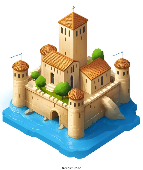 Medieval Castle on Island with Water Illustration