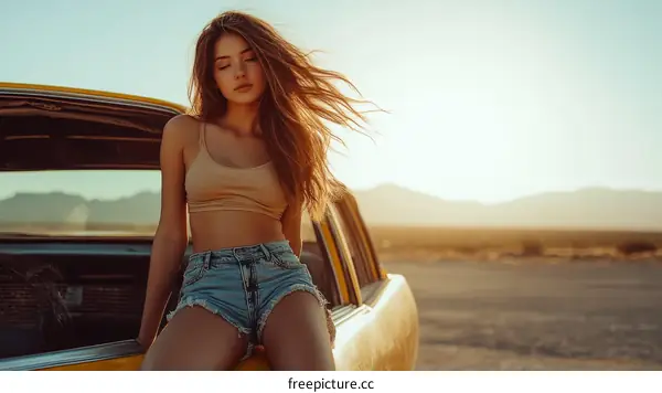 Woman Relaxing by Open Car Trunk in Desert Landscape