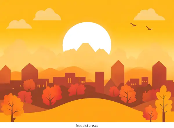 Autumn Sunset over Cityscape with Mountains and Birds