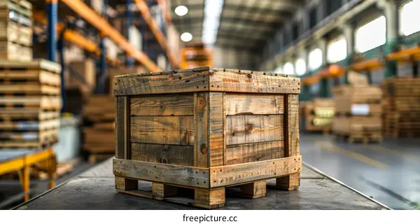 An Empty Wooden Box Sits in a Warehouse