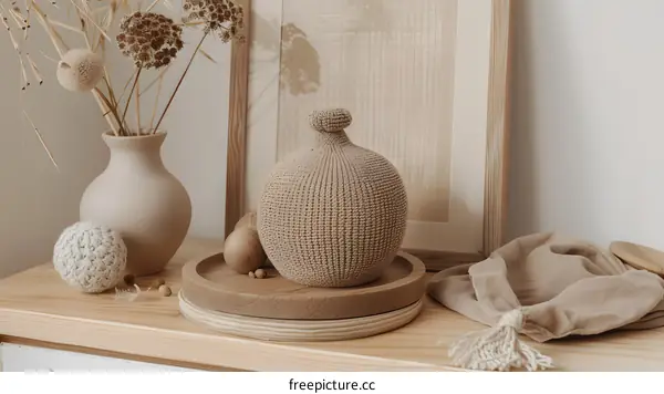 Minimalist Home Decor with Knitted Vase and Wooden Tray