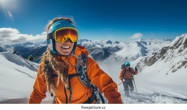 Two friends skiing down a mountainside on a sunny day