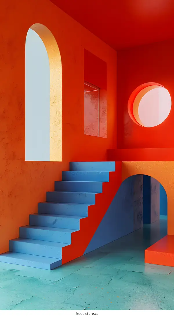 Blue and orange staircase in a room with arched openings