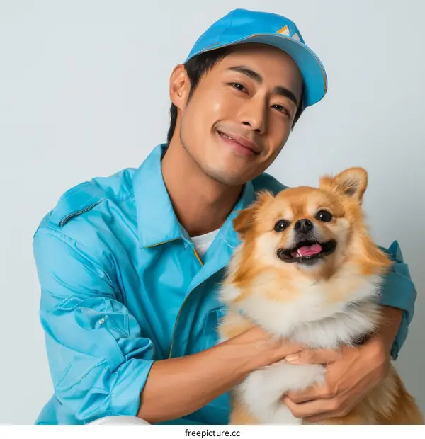 A smiling man in a blue cap is hugging a small dog