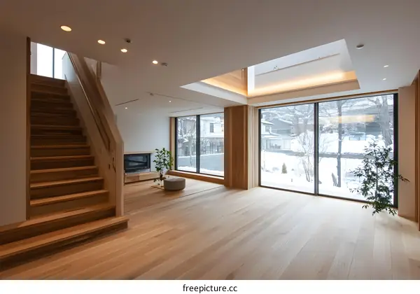 Modern Minimalist Interior Design with Wooden Stairs and Large Windows