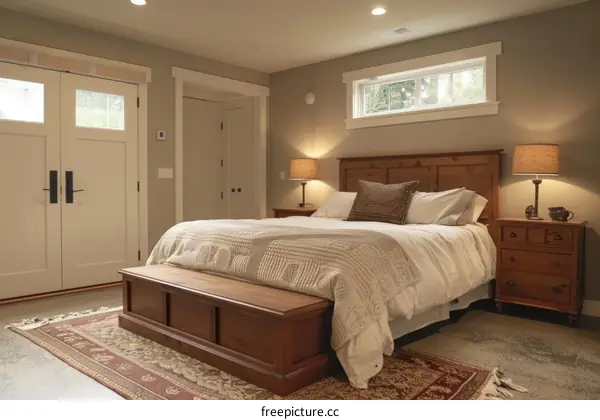 Cozy bedroom with white walls and wood furniture