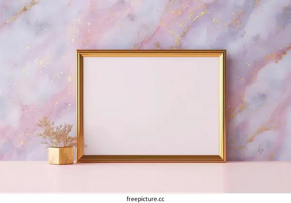 Empty Gold Frame on Pink Marble Wall Background