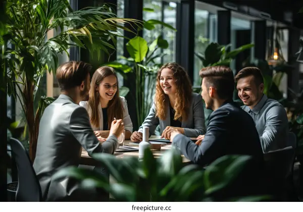 A group of business professionals having a meeting in a modern office