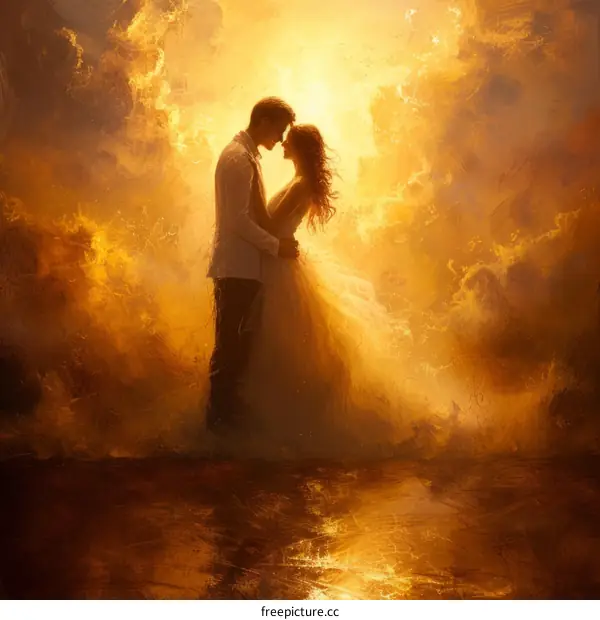 An illustration of a bride and groom embracing in a golden, ethereal setting