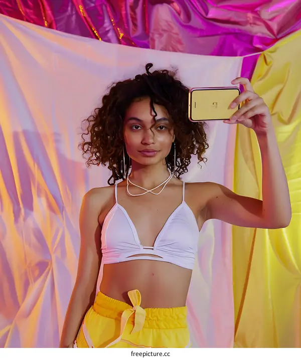 Young Woman Taking Selfie with Smartphone Against a Colorful Background