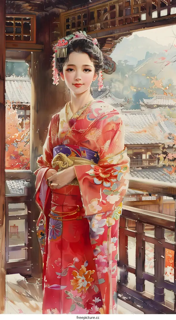 A beautiful Japanese woman wearing a kimono is standing on a balcony.
