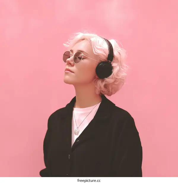 Stylish Woman Listening to Music Against Pink Background