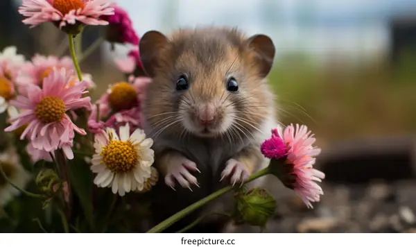 Small Rodent Peering Out From a Patch of Flowers