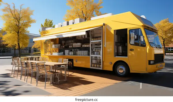 Yellow food truck parked in a city