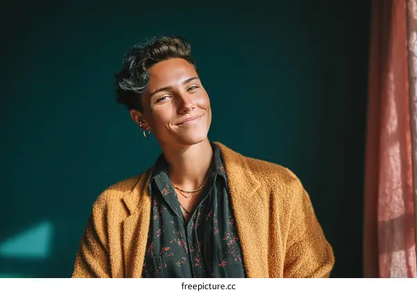 Smiling Person with Curly Hair Wearing Yellow Cardigan Indoors