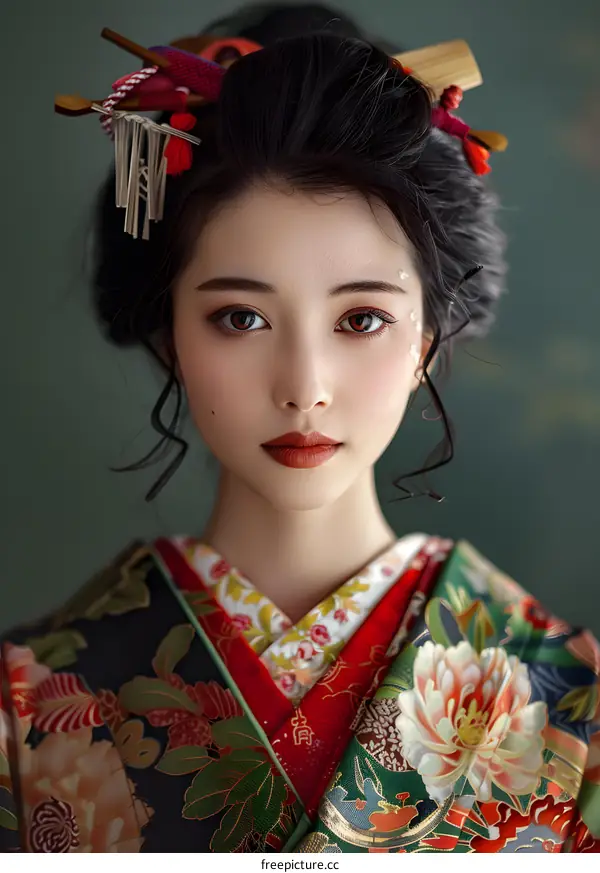 Portrait of a beautiful Asian woman in traditional Japanese kimono