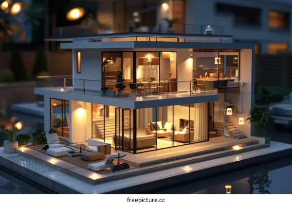 Modern House Model at Night