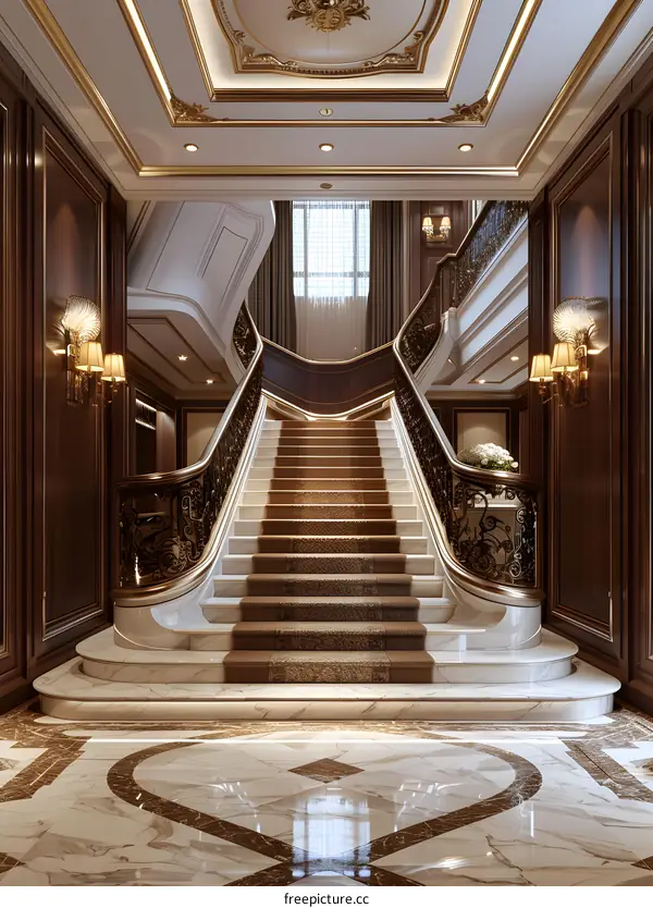 Staircase with marble floor and golden handrails in a luxury house