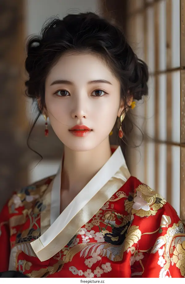Portrait of a beautiful Asian woman in traditional Korean dress, or Hanbok