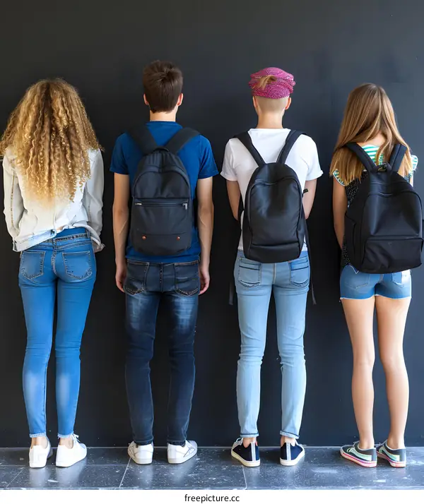 Group of Four Students Standing Back to Back