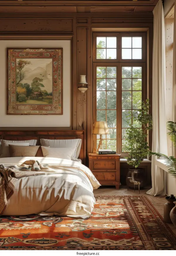 Vintage Bedroom with Wooden Walls and Oriental Rug