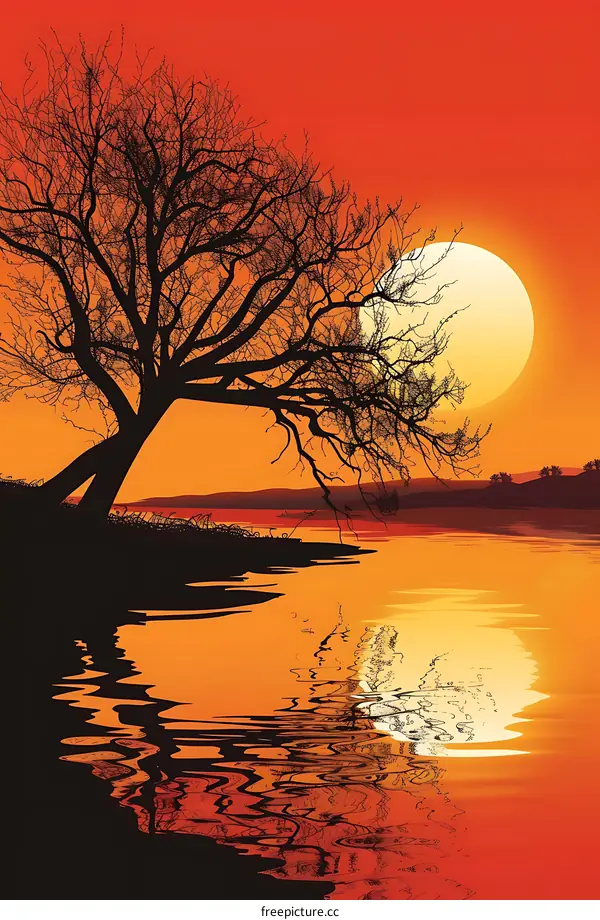 Silhouette of Tree Over Water at Sunset