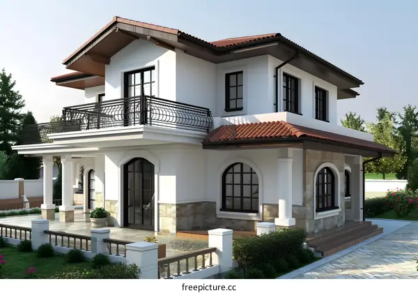 A 3D rendering of a two-story house with a red roof and white walls.