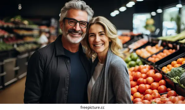 Happy couple shopping for groceries in a supermarket