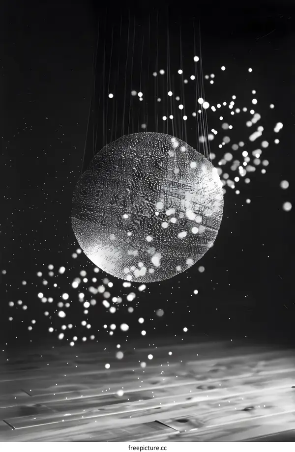 Abstract Black And White Photo Of A Suspended Spherical Object With White Spots On A Black Background