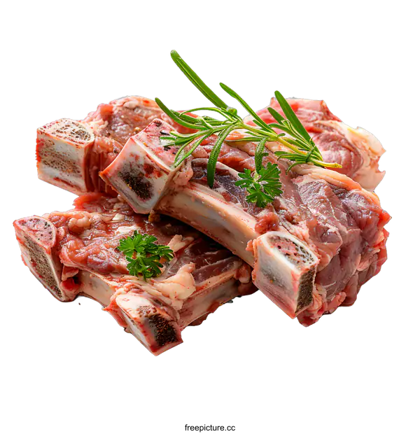 [Transparent Background PNG]Three pieces of raw lamb chops with rosemary and parsley